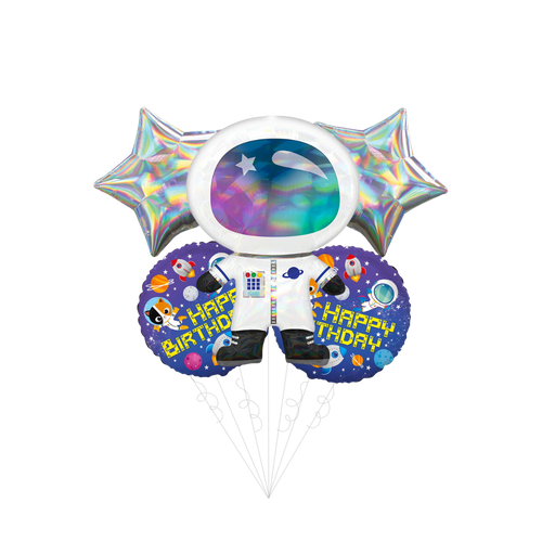 Colorful astronaut balloon set with silver stars space birthday theme from Parte Haus party supply store in Bethesda MD