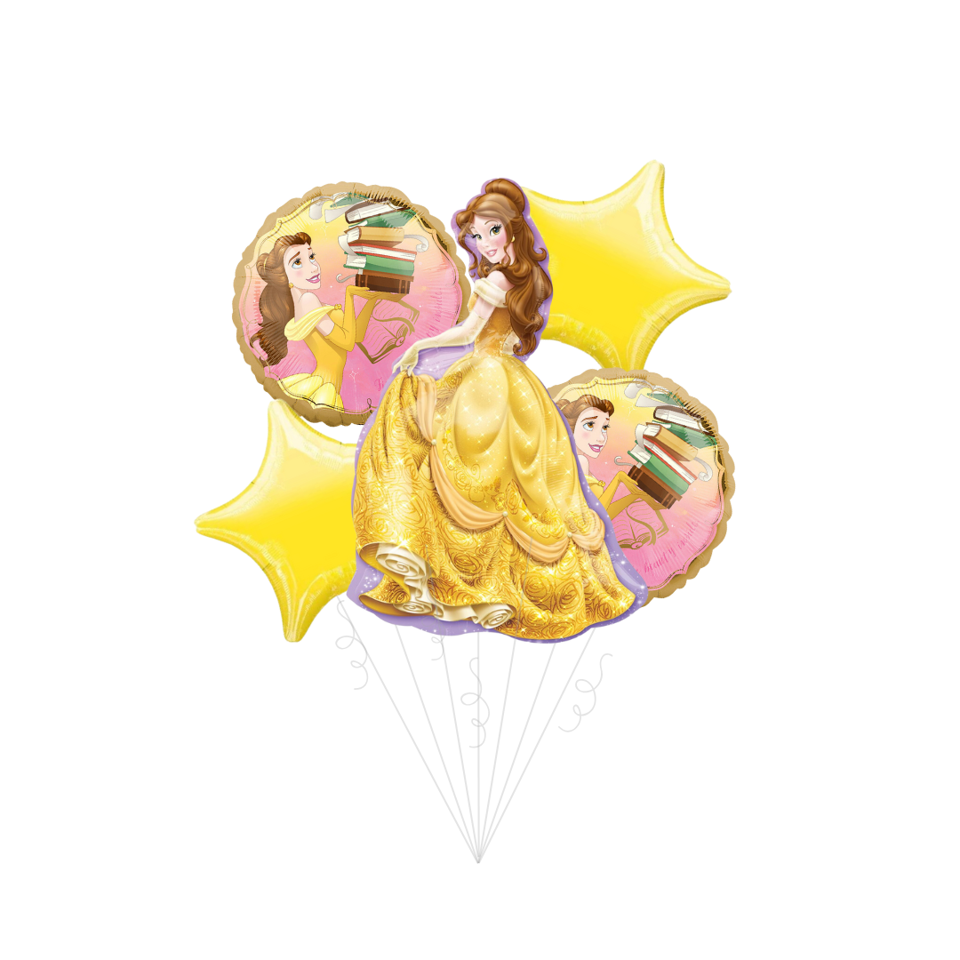 Yellow princess balloon bouquet with Belle theme for birthday from Parte Haus party supply store in Bethesda MD