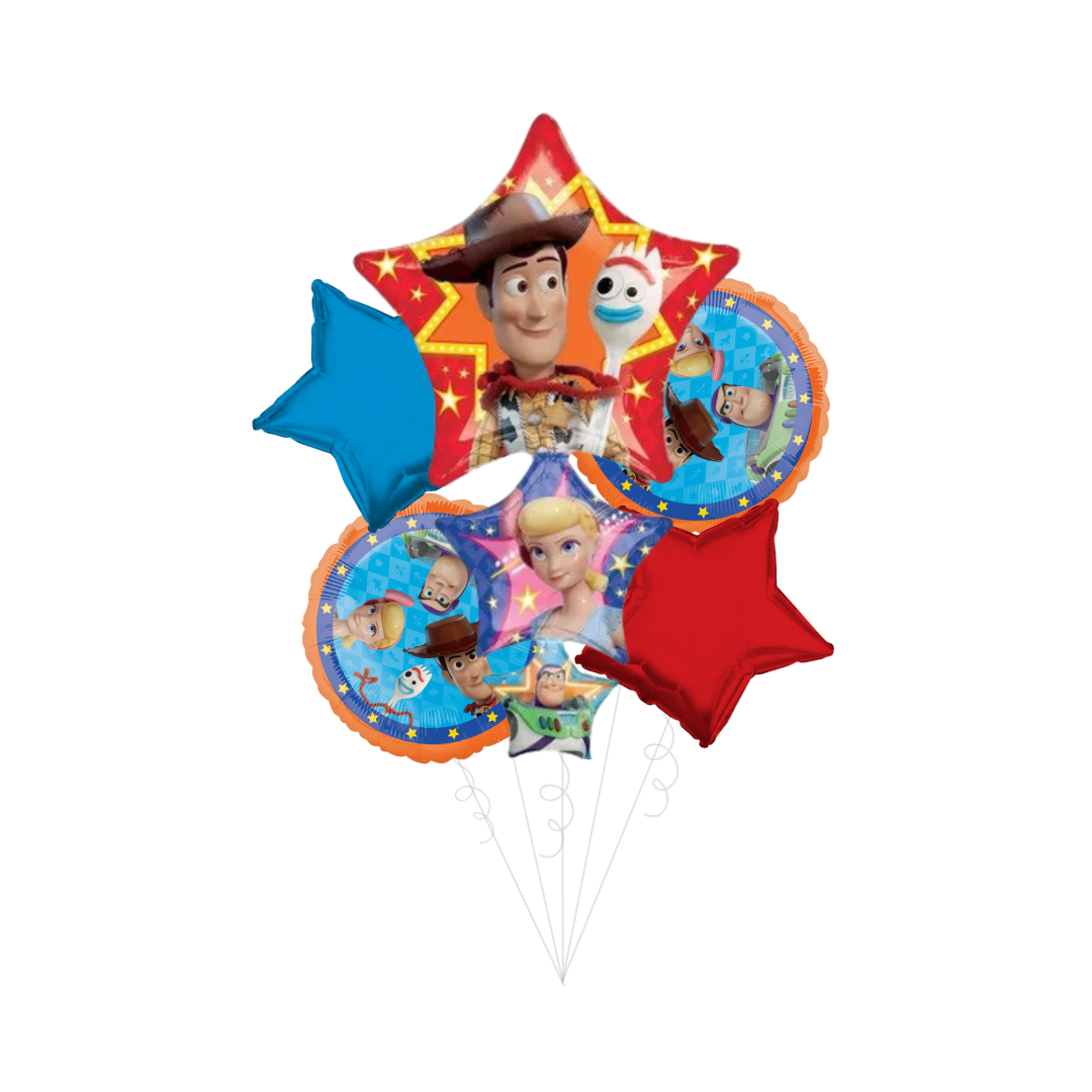 Red blue and orange Toy Story 4 foil balloon bouquet birthday theme from Parte Haus party supply store in Bethesda Maryland