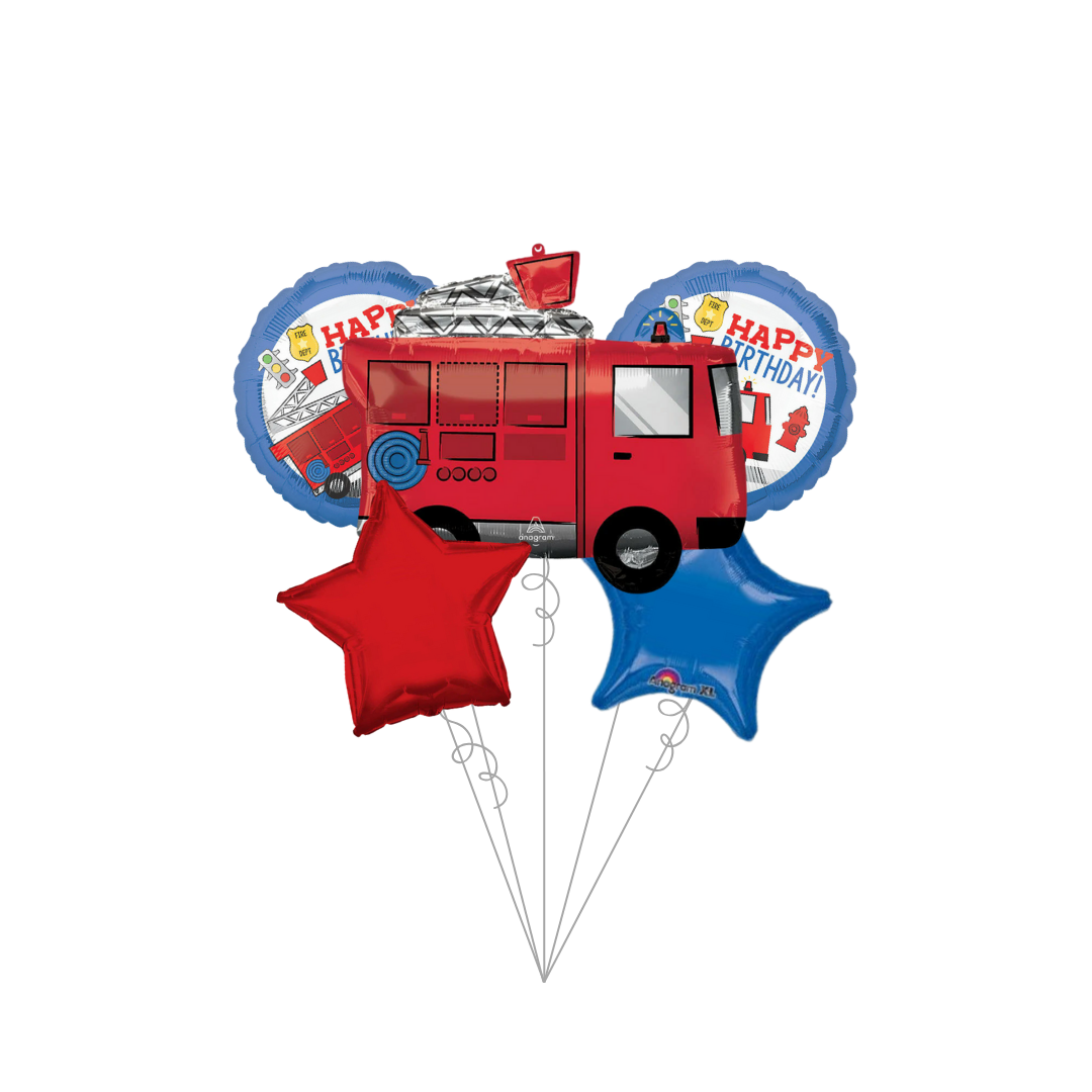 Red and blue firetruck balloon bouquet for birthday from Parte Haus party supply store in Bethesda Maryland