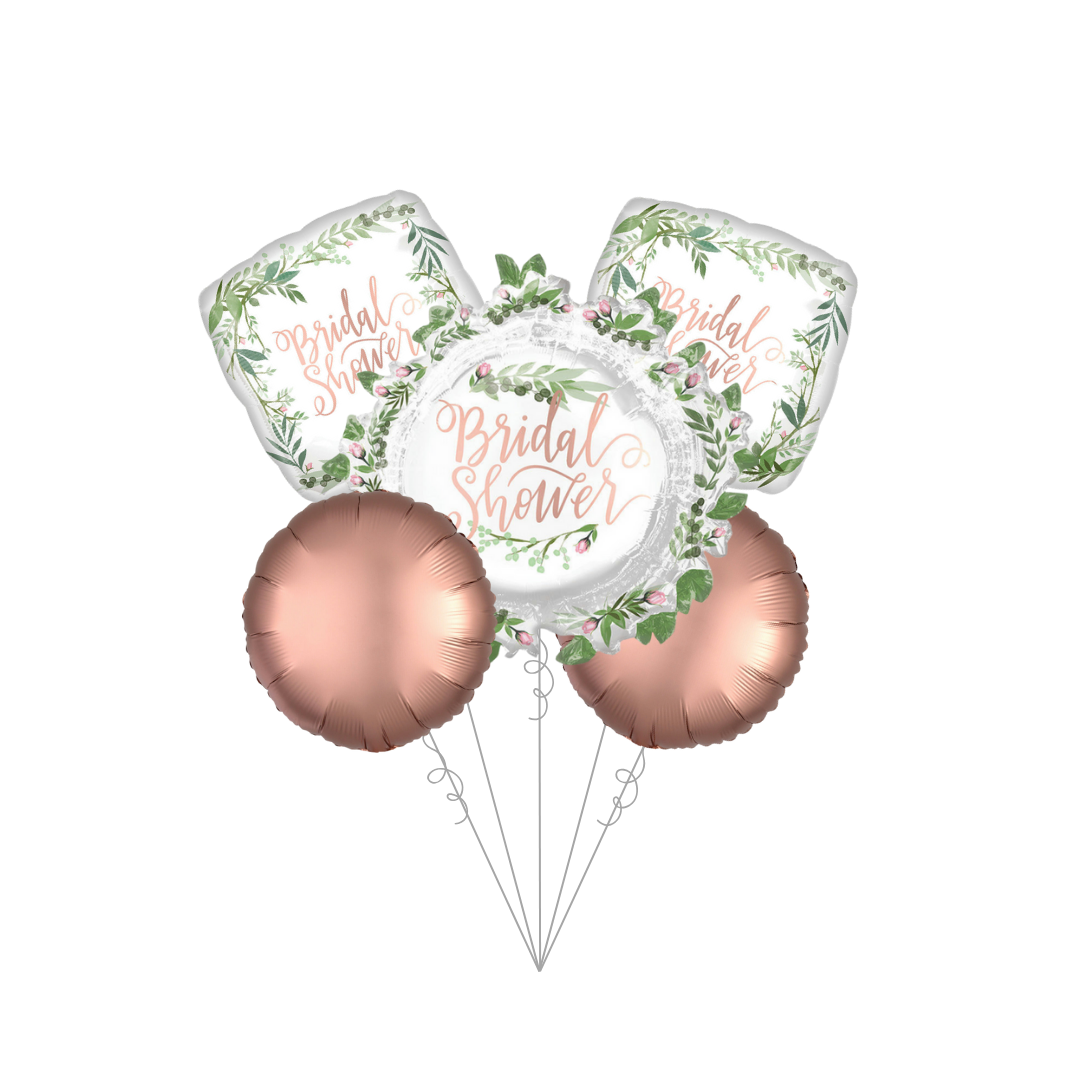Rose gold floral balloon bouquet with bridal shower text for wedding from Parte Haus party supply store in Bethesda Maryland.