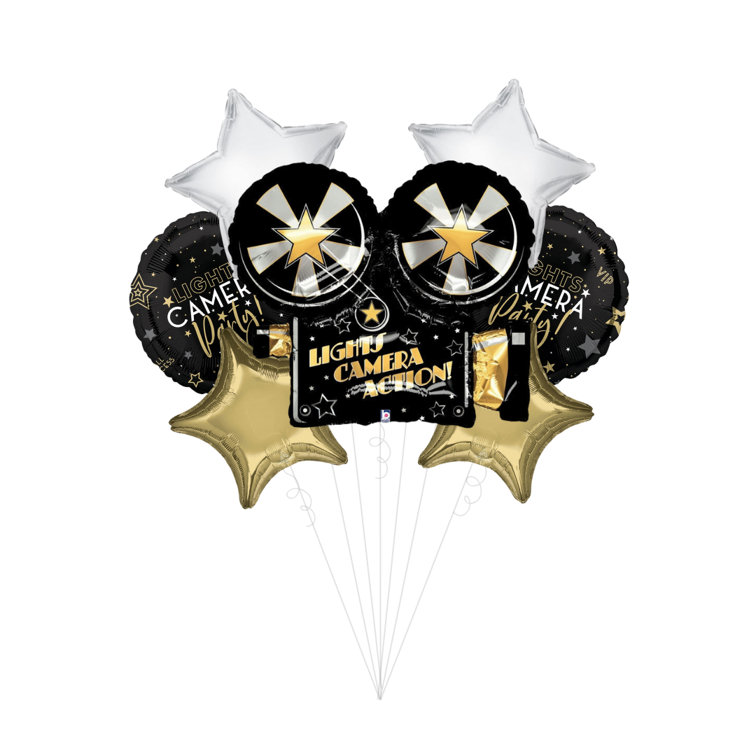 Black and gold movie theme balloon bouquet with stars for Hollywood party from Parte Haus party supply store in Bethesda MD