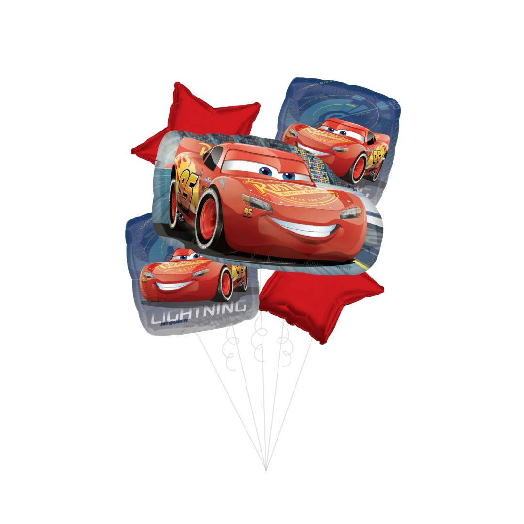 Red and blue Cars theme foil balloon bouquet with Lightning McQueen from Parte Haus party supply store in Bethesda MD