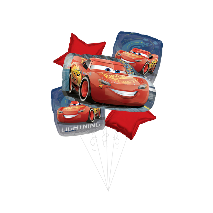 Red and blue Cars theme foil balloon bouquet with Lightning McQueen from Parte Haus party supply store in Bethesda MD