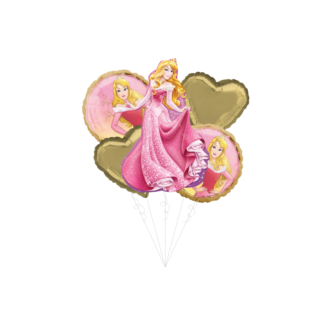 Pink and gold princess balloon bouquet with character art birthday theme from Parte Haus party supply store in Bethesda MD