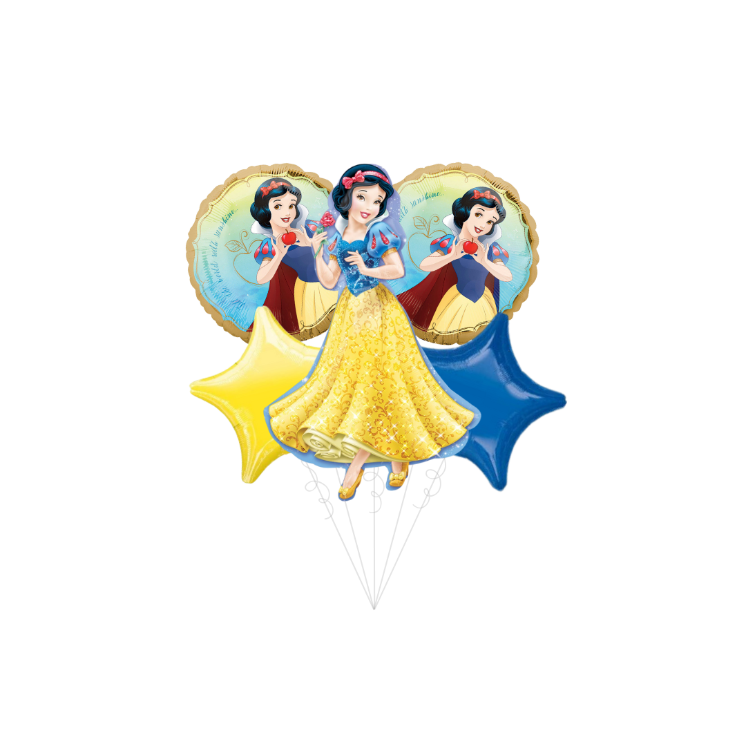 Yellow and blue Snow White balloon bouquet with cartoon princess birthday theme from Parte Haus party supply store in Bethesda MD