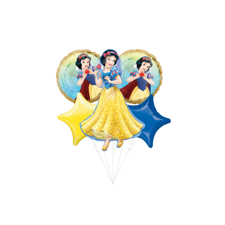 Yellow and blue Snow White balloon bouquet with cartoon princess birthday theme from Parte Haus party supply store in Bethesda MD