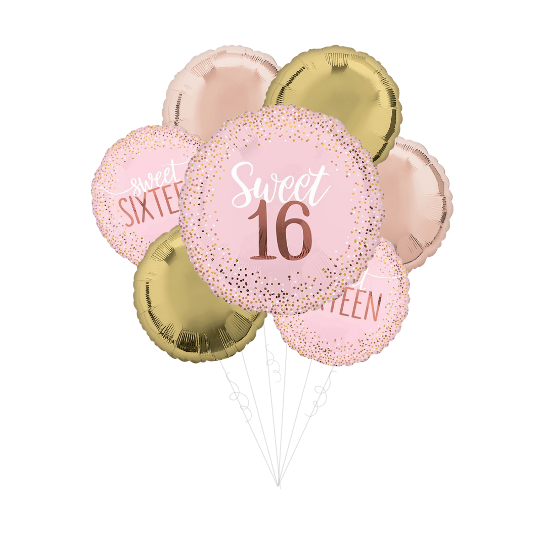 Blush Pink & Gold Sweet 16 Birthday Foil Balloon Bundle