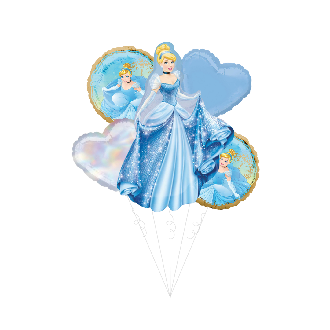 Blue Cinderella balloon bouquet with heart shapes princess birthday theme from Parte Haus party supply store in Bethesda MD