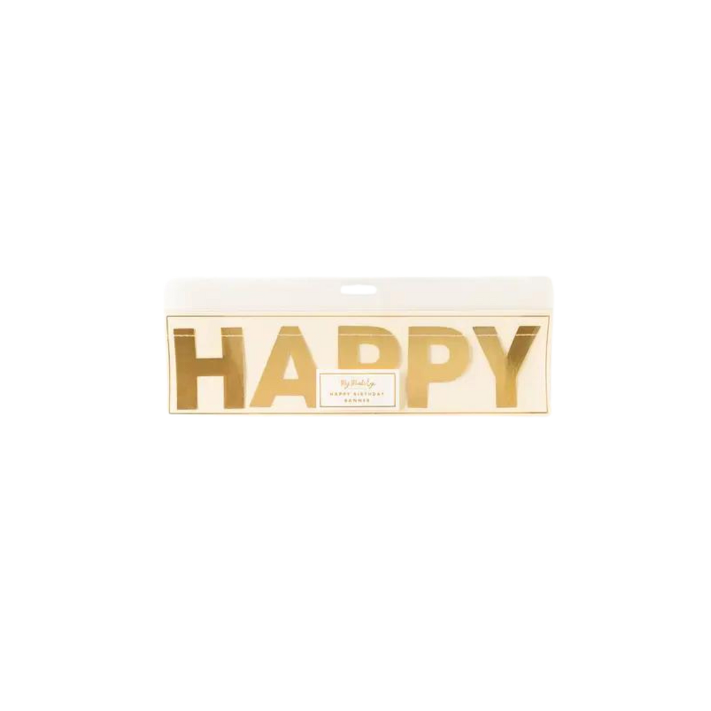 Gold happy birthday banner with bold letters birthday theme from Parte Haus party supply store in Bethesda MD