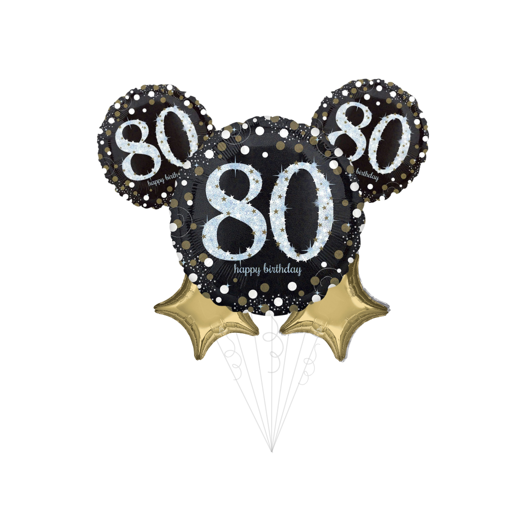Black and gold 80th birthday balloon bouquet celebration theme from Parte Haus party supply store in Bethesda Maryland