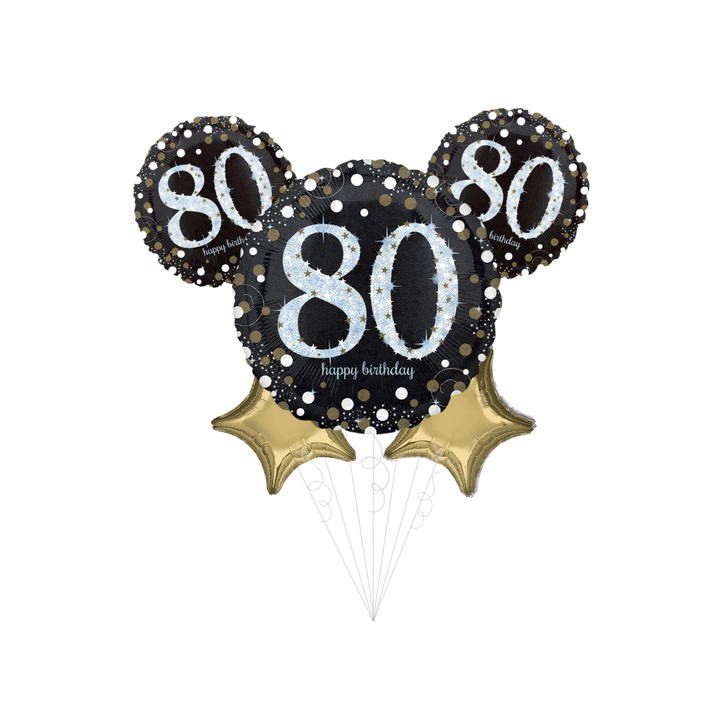 Black and gold 80th birthday balloon bouquet celebration theme from Parte Haus party supply store in Bethesda Maryland