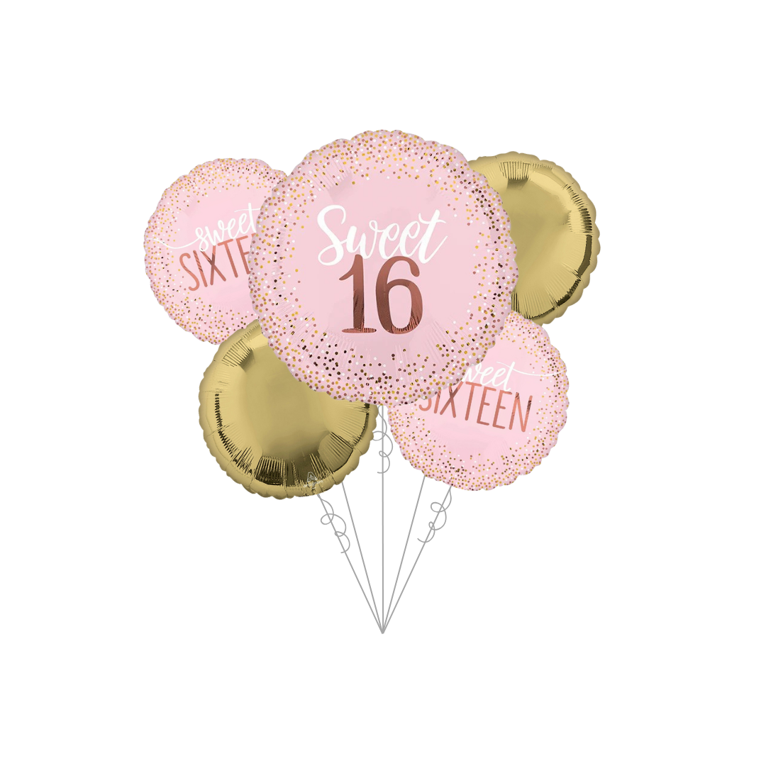 Premium Blush Pink & Gold Sweet 16 Birthday Foil Balloon Bundle with Balloon Weight