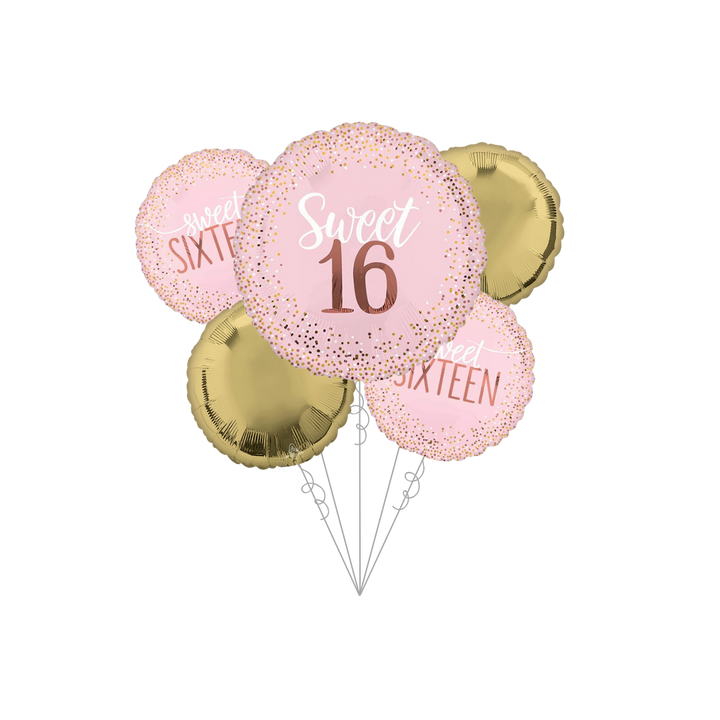 Premium Blush Pink & Gold Sweet 16 Birthday Foil Balloon Bundle with Balloon Weight