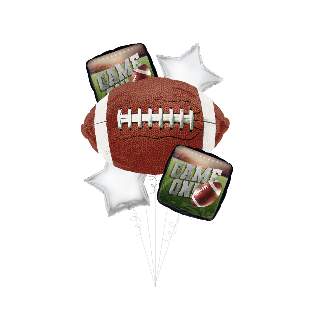 brown and white football balloon bouquet with star and game on balloons for sports theme from Parte Haus party supply store in Bethesda MD