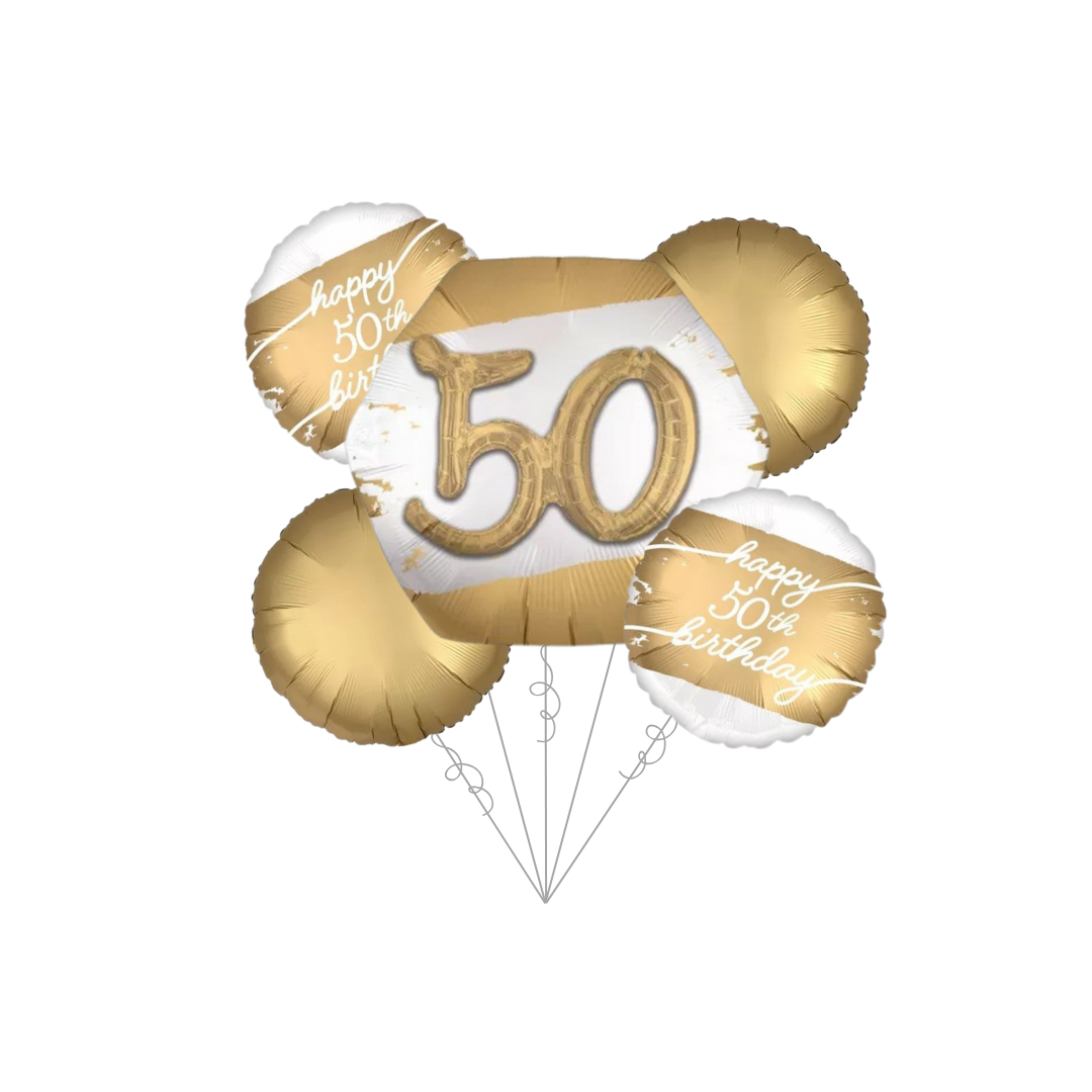 Premium Golden Age 50th Birthday Foil Balloon Bundle with Balloon Weight