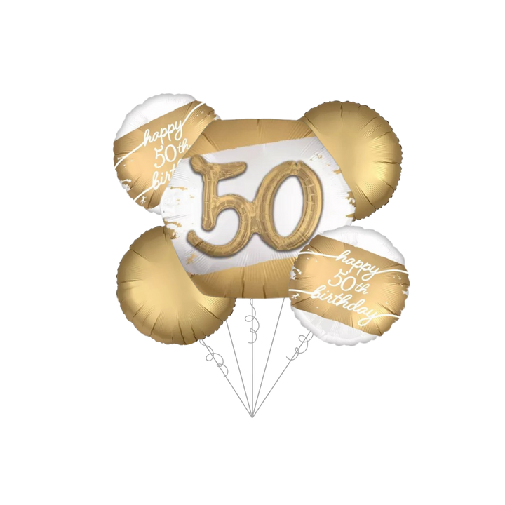 Premium Golden Age 50th Birthday Foil Balloon Bundle with Balloon Weight