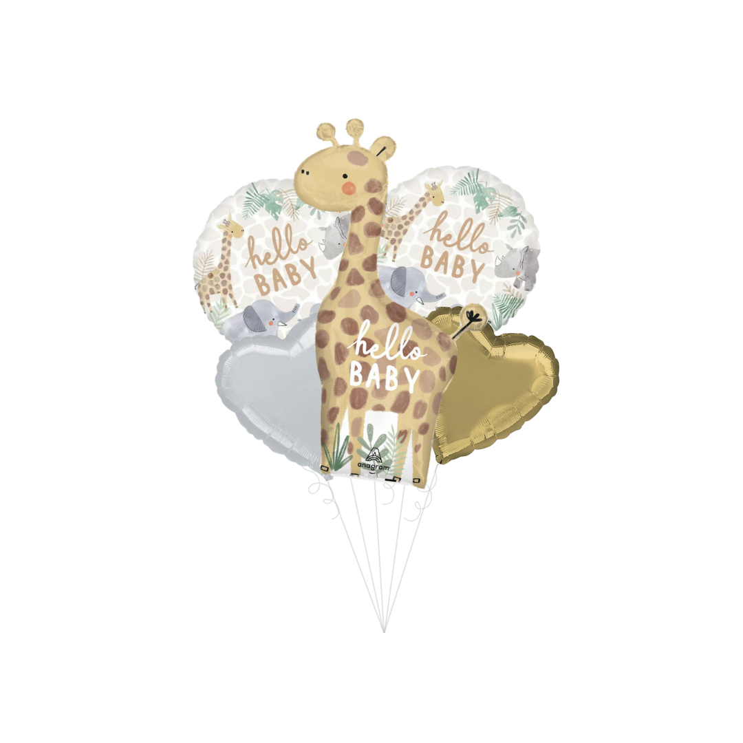Gold and white balloon bundle with giraffe and hello baby text jungle baby shower theme from Parte Haus party supply store in Bethesda MD