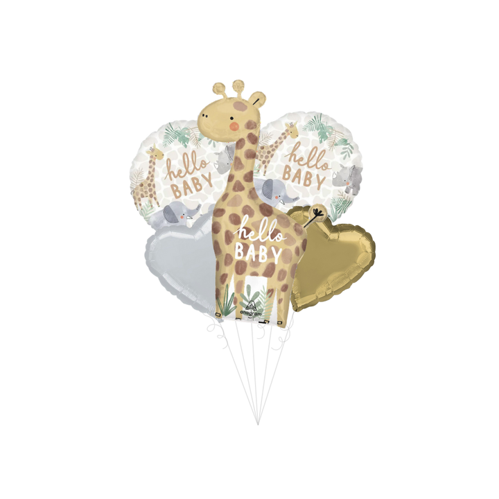 Gold and white balloon bundle with giraffe and hello baby text jungle baby shower theme from Parte Haus party supply store in Bethesda MD