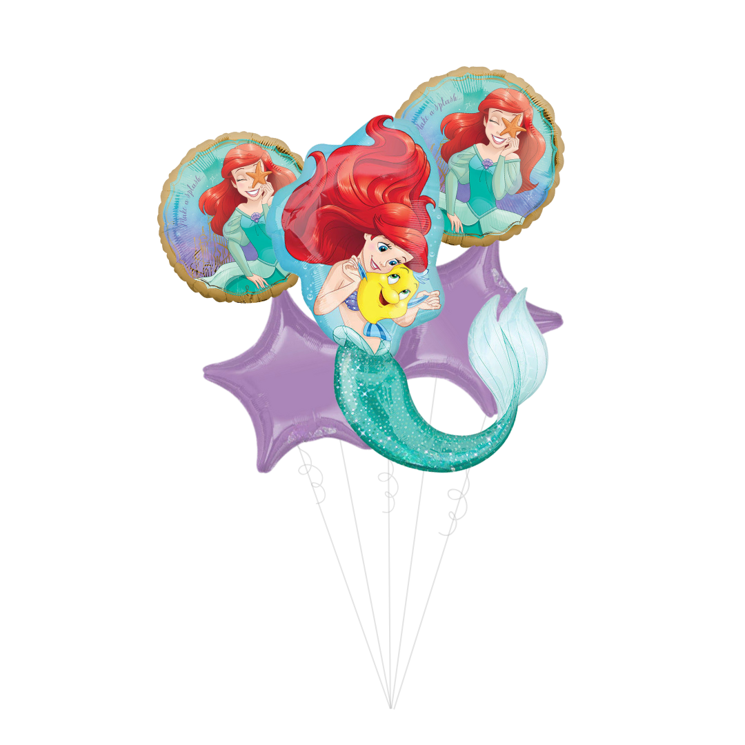 Purple and teal Ariel balloon bouquet with mermaid theme from Parte Haus party supply store in Bethesda Maryland
