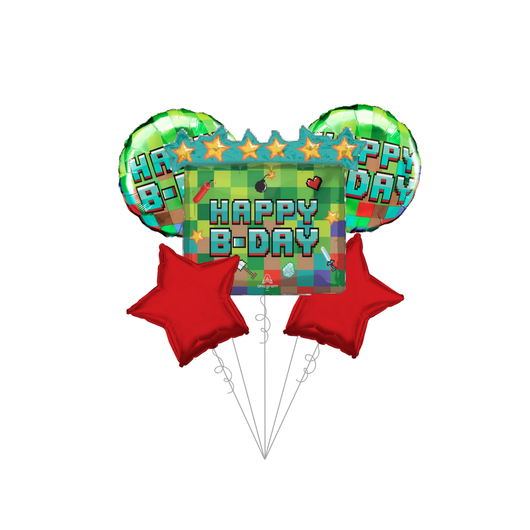 Premium Pixel Party Birthday Foil Balloon Bundle with Balloon Weight