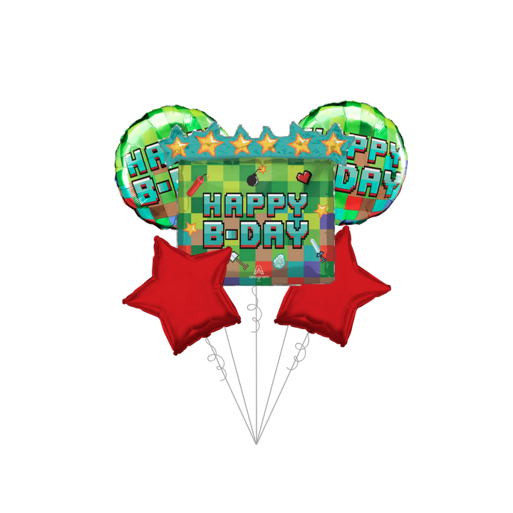 Premium Pixel Party Birthday Foil Balloon Bundle with Balloon Weight