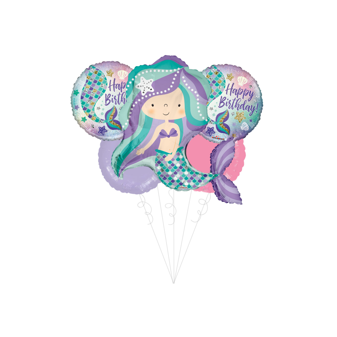 Purple Mermaid balloon bundle with happy mermaid and seashells birthday theme from Parte Haus party supply store in Bethesda MD
