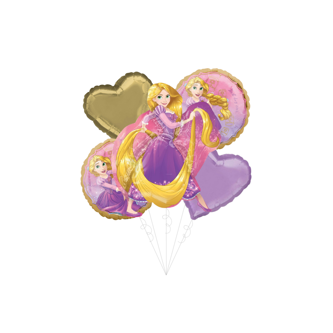 Purple and gold Rapunzel balloon bouquet with heart shapes princess birthday theme from Parte Haus party supply store in Bethesda MD