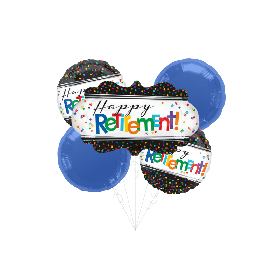 Blue multicolor retirement balloons bouquet for retirement celebration from Parte Haus party supply store in Bethesda Maryland