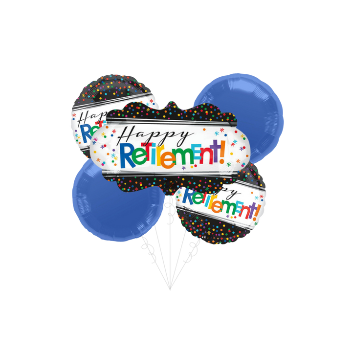 Blue multicolor retirement balloons bouquet for retirement celebration from Parte Haus party supply store in Bethesda Maryland