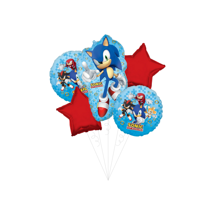 Blue and red Sonic the Hedgehog balloon bouquet featuring video game characters birthday from Parte Haus party supply store in Bethesda MD.