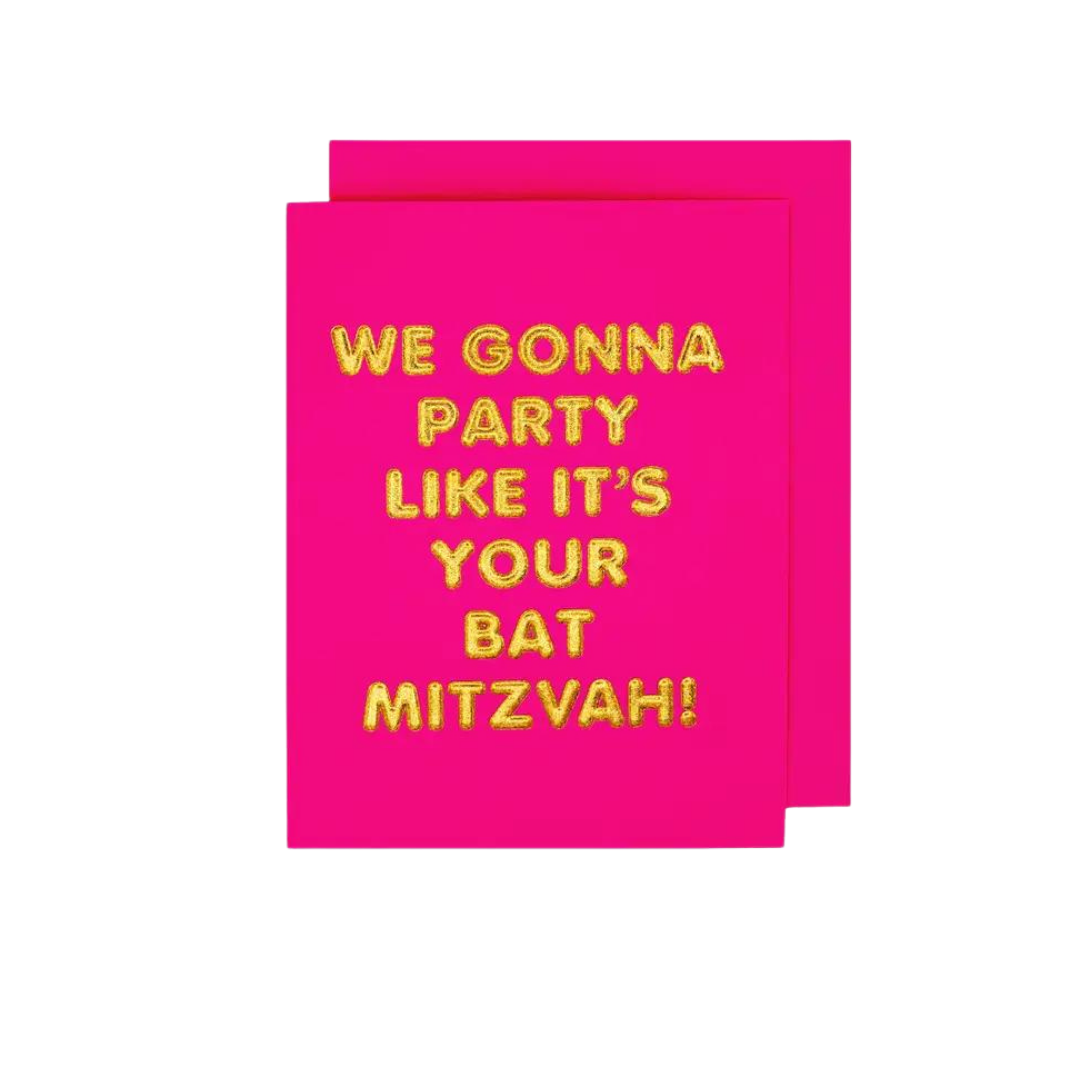Pink Bat Mitzvah greeting card with gold letters Jewish celebration from Parte Haus party supply store in Bethesda MD
