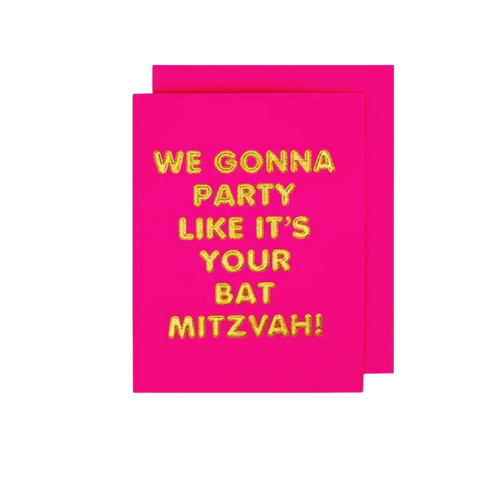 Pink Bat Mitzvah greeting card with gold letters Jewish celebration from Parte Haus party supply store in Bethesda MD