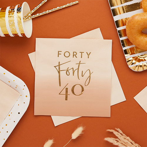 Beige and gold forty dinner napkin with metallic lettering for 40th birthday from Parte Haus party supply store in Bethesda MD