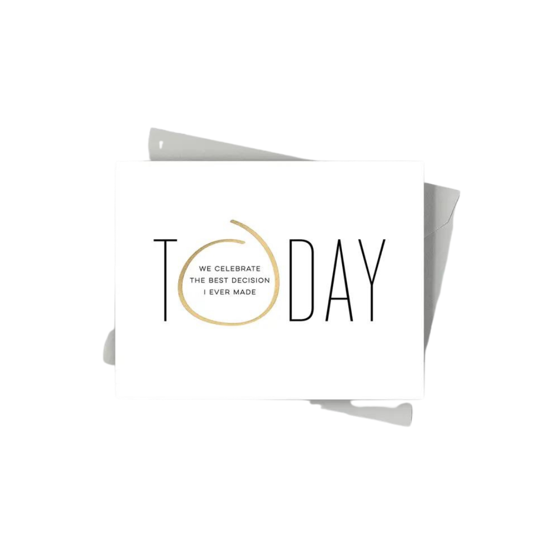 White modern anniversary greeting card with gold and black lettering romantic theme from Parte Haus party supply store in Bethesda MD