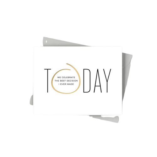White modern anniversary greeting card with gold and black lettering romantic theme from Parte Haus party supply store in Bethesda MD