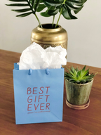 Blue metallic foil stamped gift bag with Best Gift Ever text for any occasion from Parte Haus party supply store in Bethesda MD