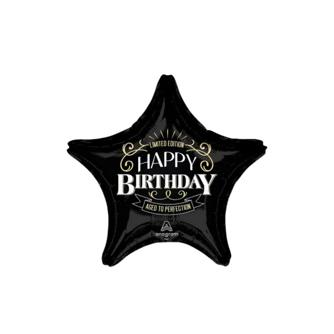 Black star foil balloon with Happy Birthday aged to perfection text birthday theme from Parte Haus party supply store in Bethesda Maryland