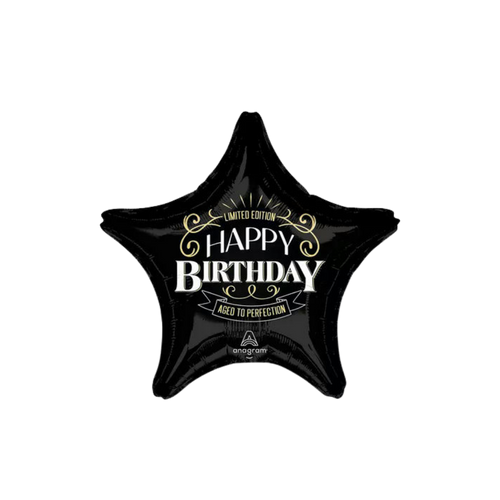 Black star foil balloon with Happy Birthday aged to perfection text birthday theme from Parte Haus party supply store in Bethesda Maryland