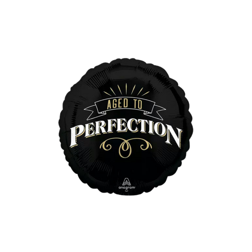 Black birthday foil balloon with aged to perfection text birthday theme from Parte Haus party supply store in Bethesda Maryland