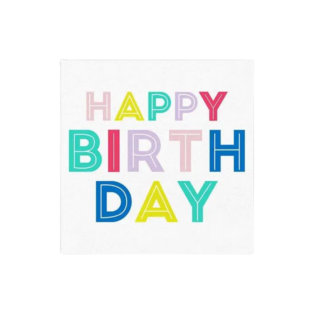 Colorful birthday beverage napkin with bold Happy Birthday text from Parte Haus party supply store in Bethesda MD