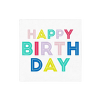 Colorful birthday beverage napkin with bold Happy Birthday text from Parte Haus party supply store in Bethesda MD