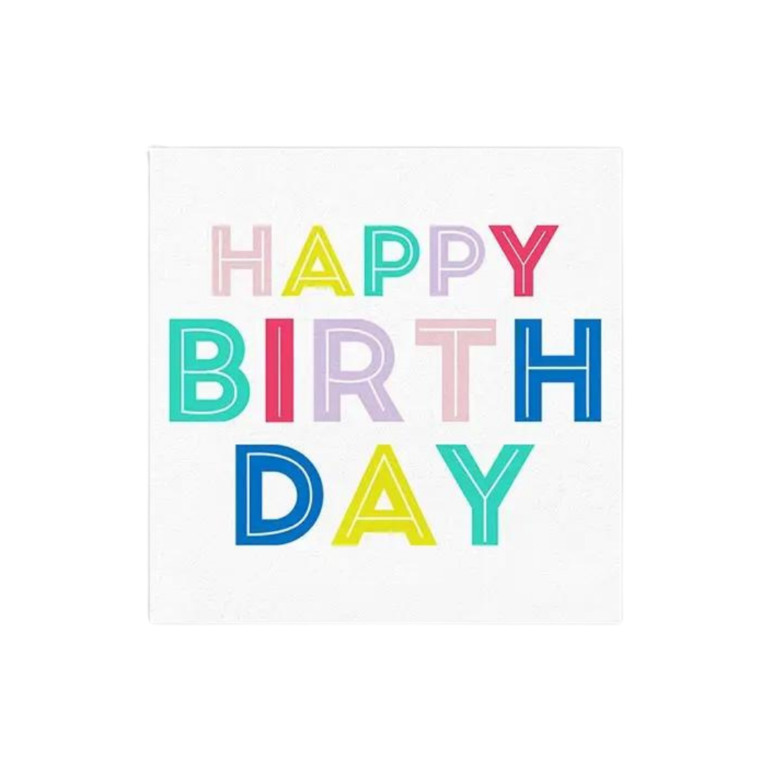Colorful birthday beverage napkin with bold Happy Birthday text from Parte Haus party supply store in Bethesda MD