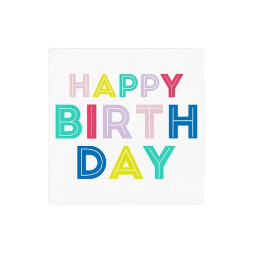 Colorful birthday beverage napkin with bold Happy Birthday text from Parte Haus party supply store in Bethesda MD