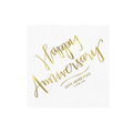 White and gold beverage napkin with happy anniversary script for anniversary theme from Parte Haus party supply store in Bethesda MD.