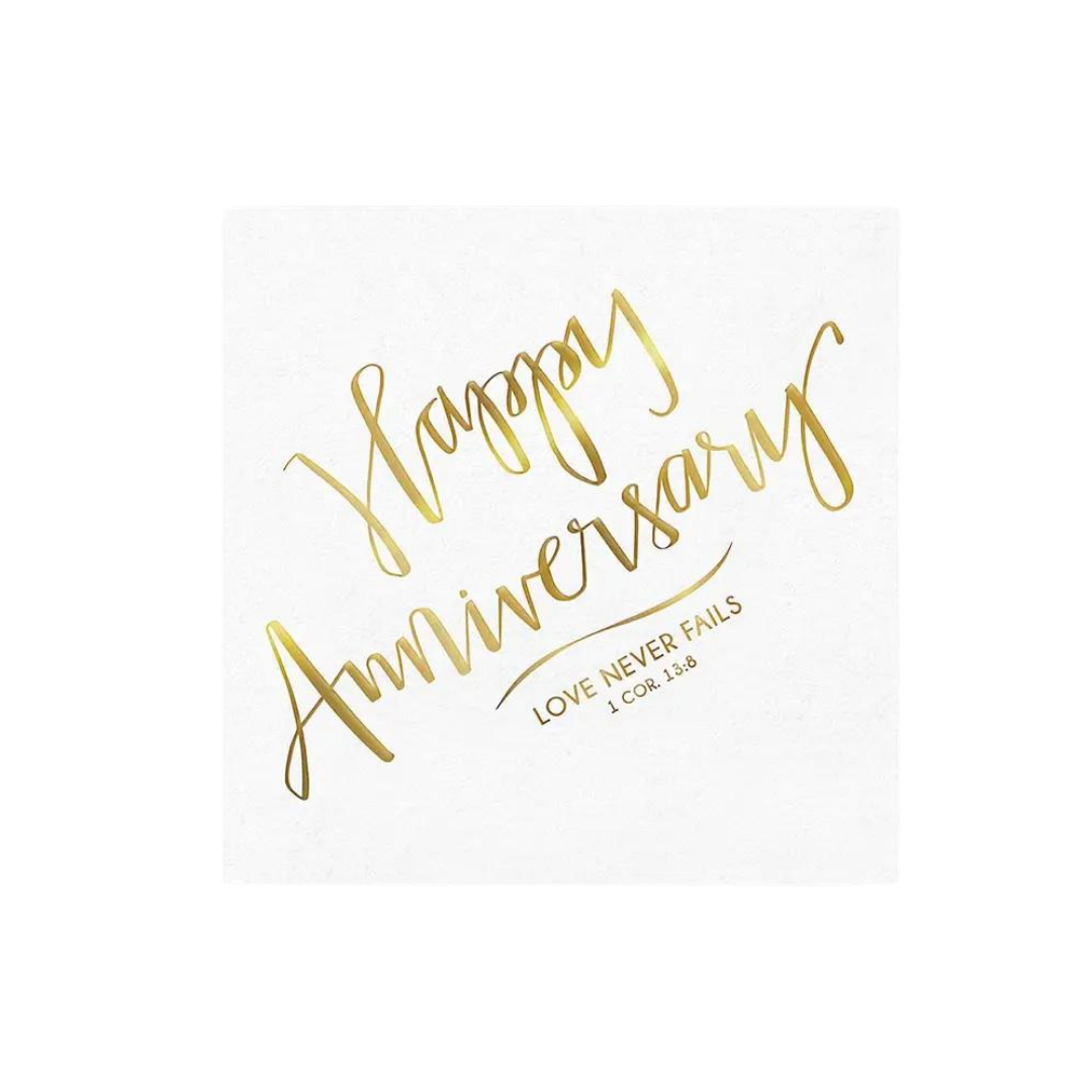 White and gold beverage napkin with happy anniversary script for anniversary theme from Parte Haus party supply store in Bethesda MD.