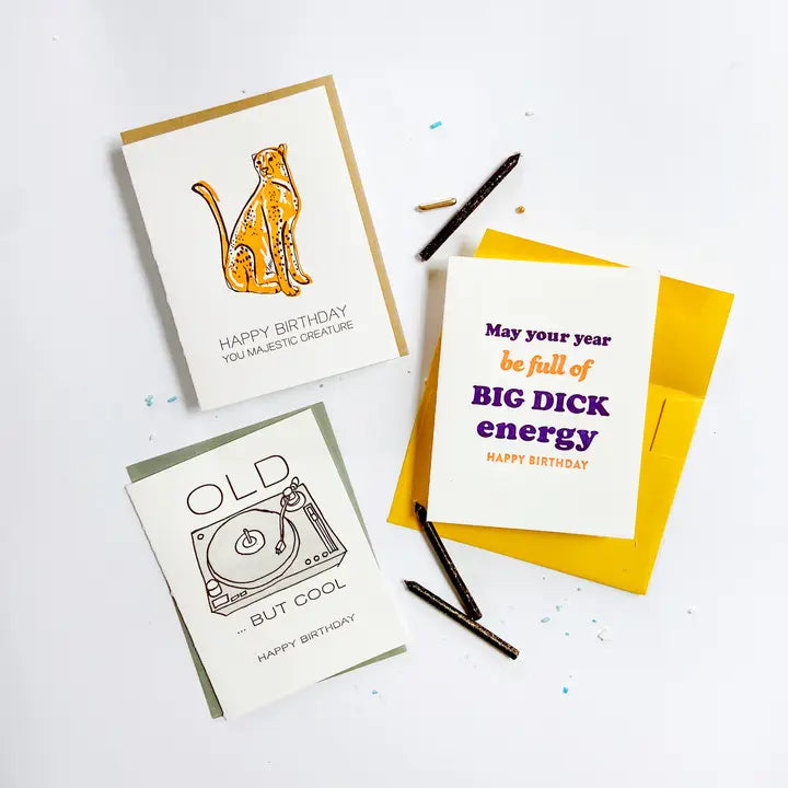 White and yellow letterpress birthday greeting cards with playful graphics birthday theme from Parte Haus party supply store in Bethesda Maryland