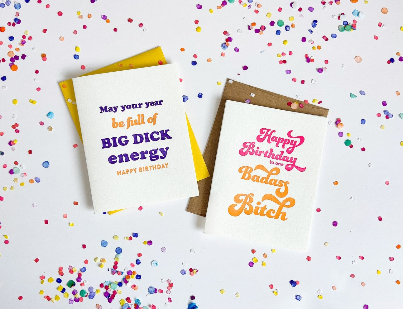 White and yellow letterpress birthday cards with bold text and confetti birthday theme from Parte Haus party supply store in Bethesda MD.