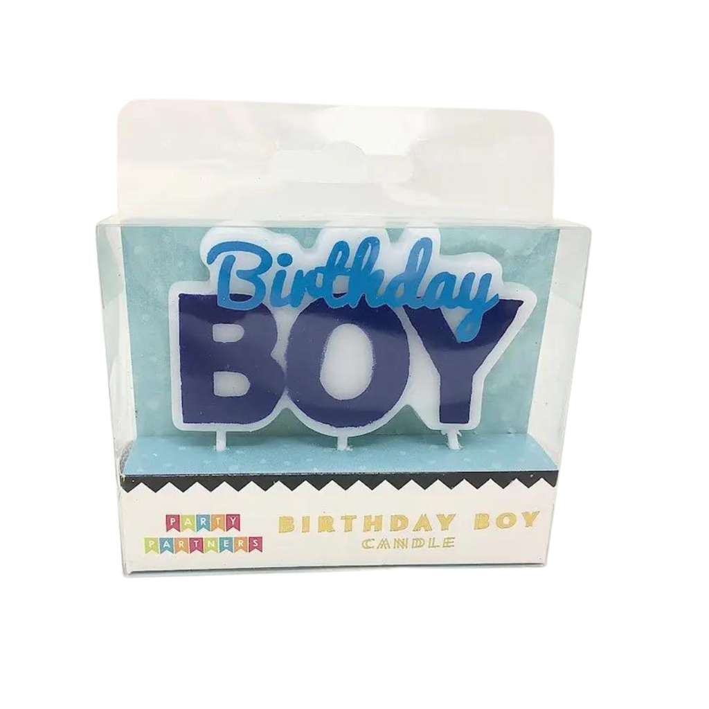 Blue birthday boy candle with bold white border for birthday celebration from Parte Haus party supply store in Bethesda MD