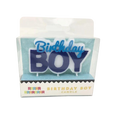 Blue birthday boy candle with bold white border for birthday celebration from Parte Haus party supply store in Bethesda MD